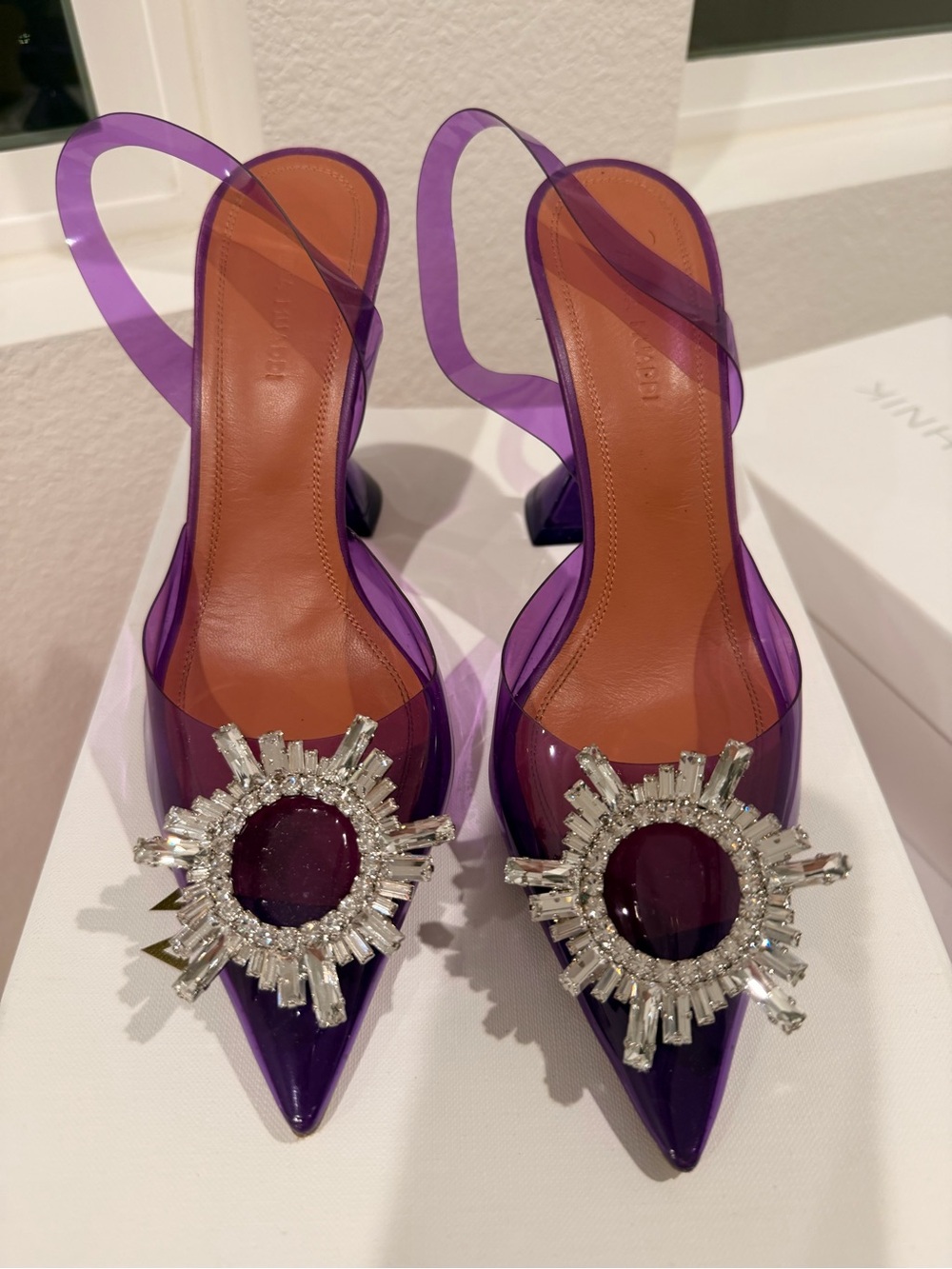 Amina Muaddi Begum Purple Violet Plexi PVC Slingback Heels